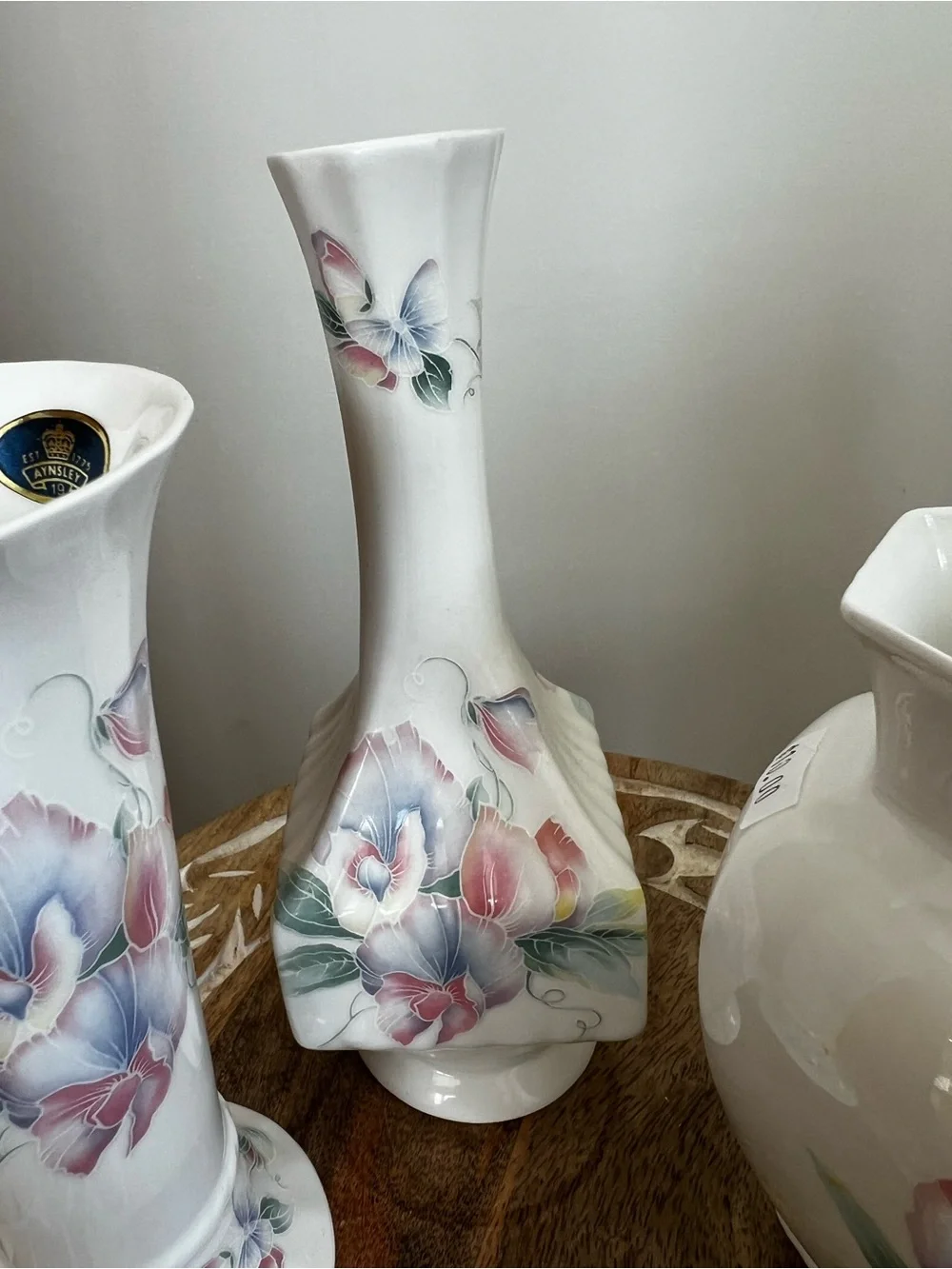 Lot of 3 Aynsley Floral Porcelain Accent Vase - White with Pink & Blue Flowers
